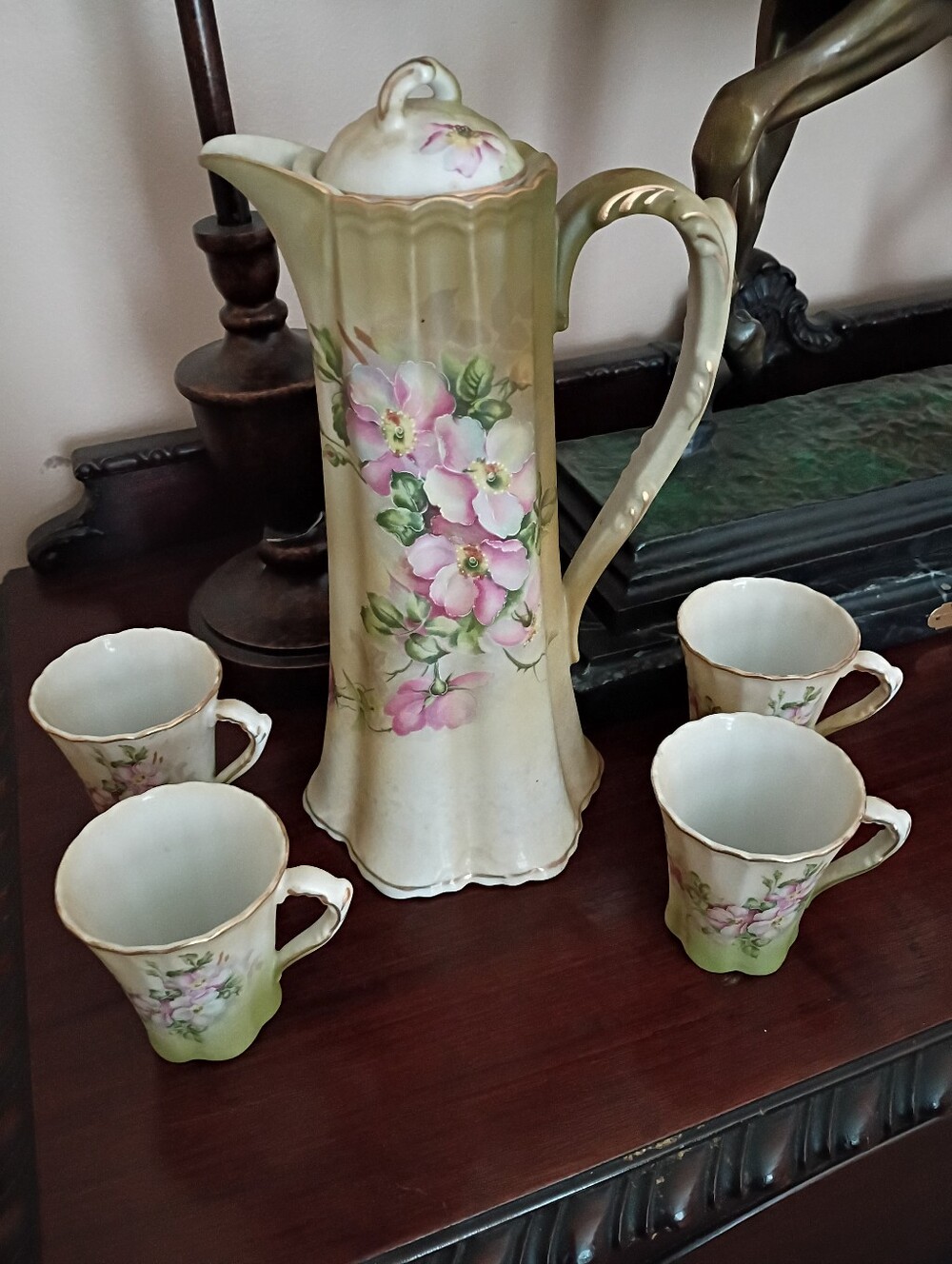 Antique Nippon Hand-Painted Pink Floral Porcelain Chocolate Pitcher and Cup Set